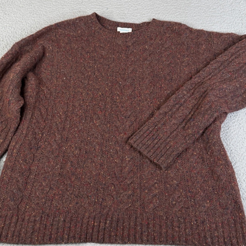 Sundance Sweater Womens Large Brown Flecked Alpaca Merino Wool Blend Cable Knit